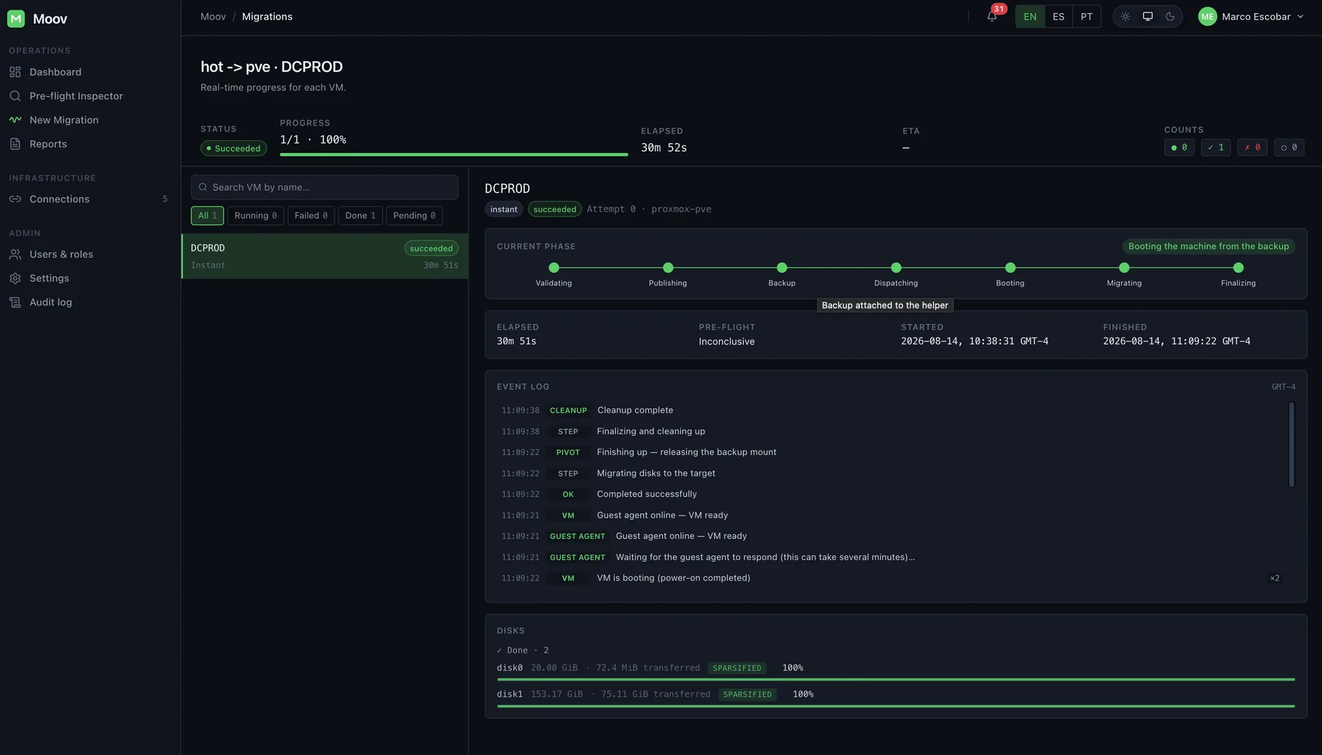 Migración en vivo: progreso por disco y registro de eventos.